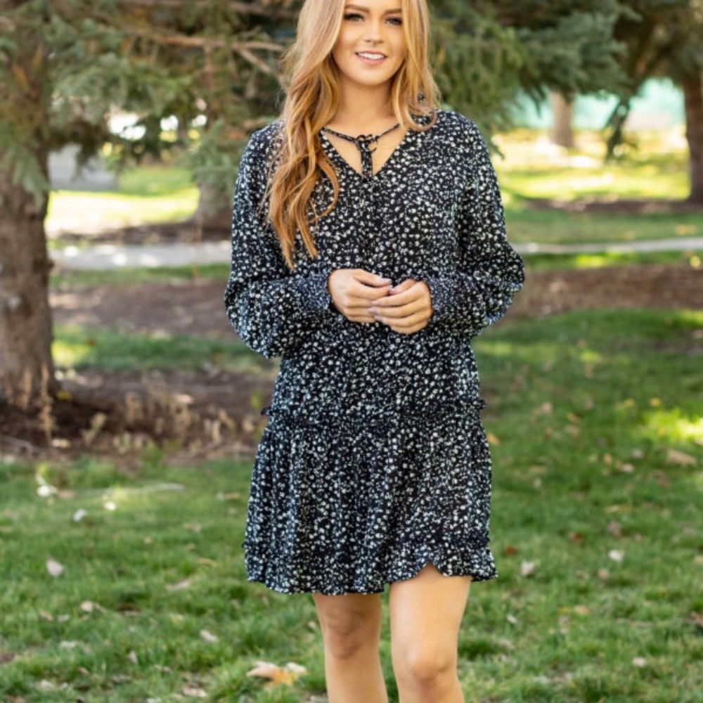 Black and White Ditsy Floral Long Sleeve Dress